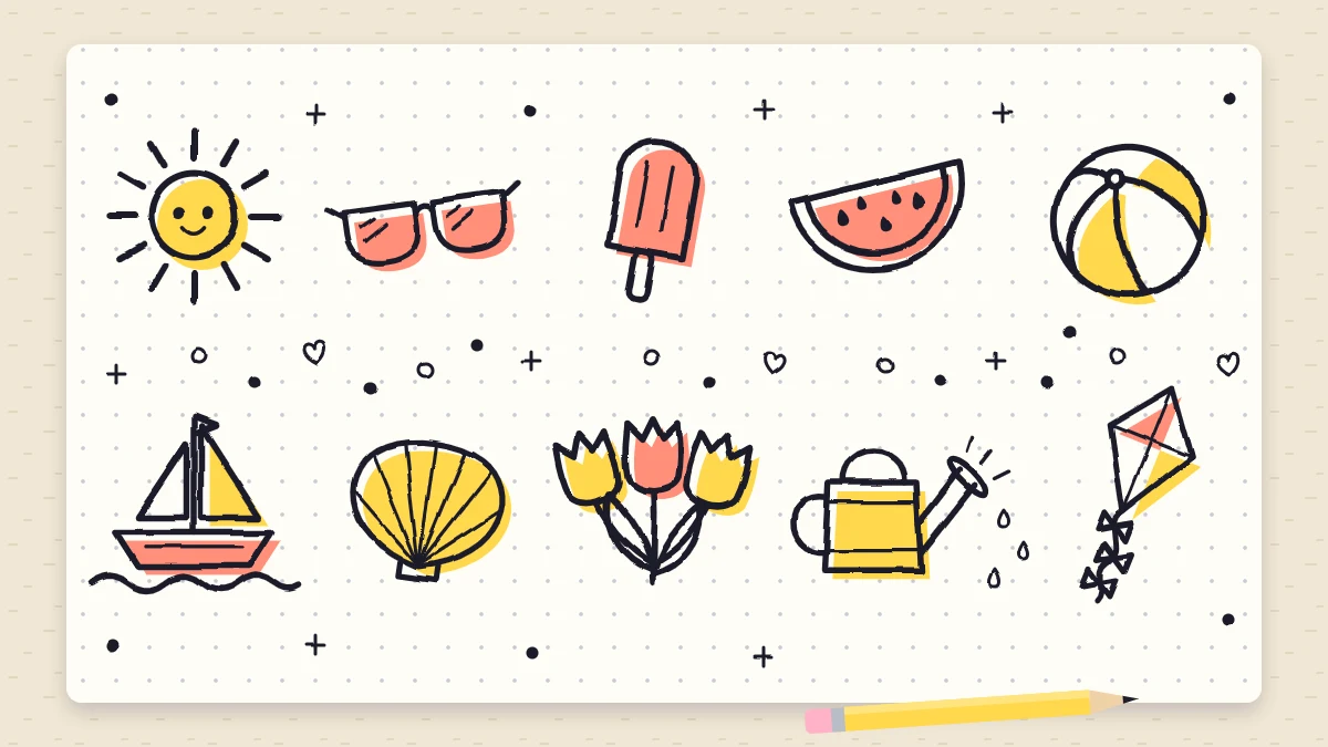 A page of warm-weather doodles with a sun, sunglasses, a popsicle, a watermelon wedge, a beach ball, a sailboat, a seashell, tulips, a watering can and a kite