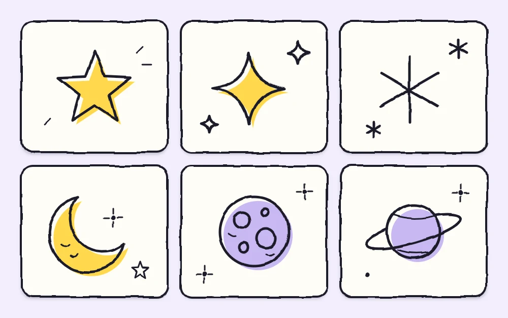 Six night-sky doodles as tiles: a five-point star, a four-point sparkle, an asterisk star, a crescent moon, a cratered full moon and a ringed planet
