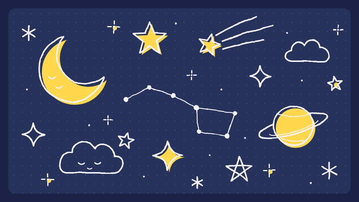 A night-sky doodle scene in pale lines on a dark blue page with a crescent moon, several kinds of stars, a ringed planet, a shooting star, two clouds and a constellation