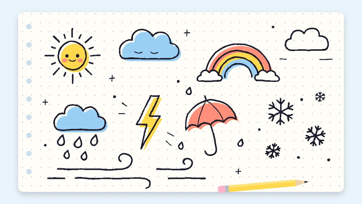 A page of weather doodles with a sun, two fluffy clouds, a rain cloud with drops, a lightning bolt, a rainbow, snowflakes, an umbrella and curling wind swirls
