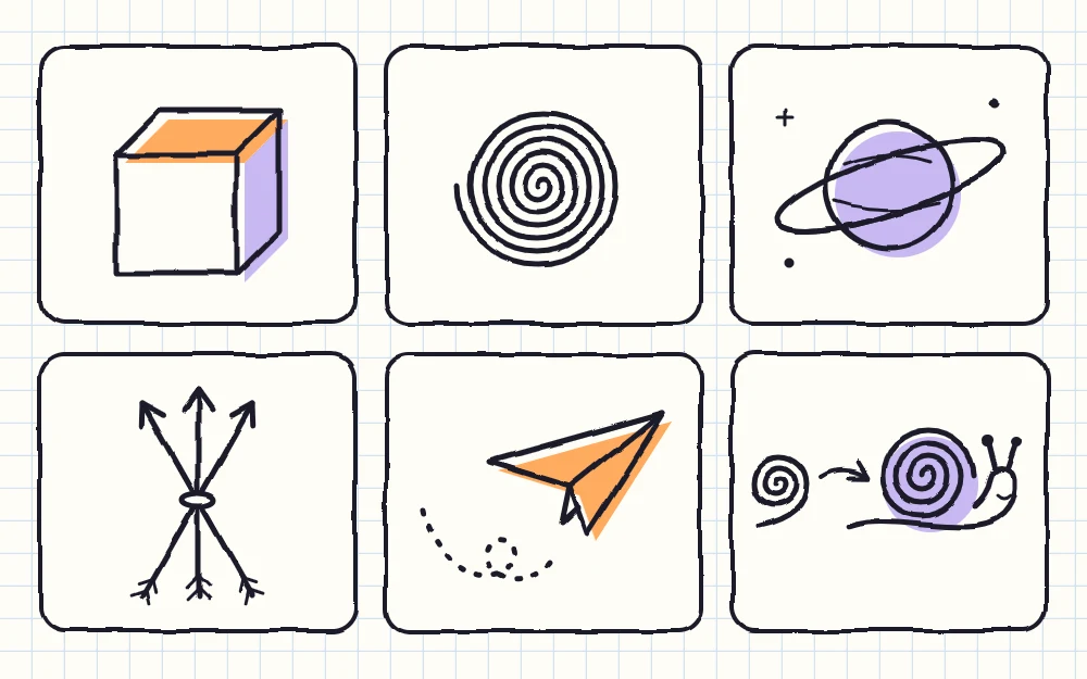 Six quick doodle prompts as tiles: a cube, a spiral, a ringed planet, a bundle of arrows, a paper plane with a dashed trail and a squiggle snail