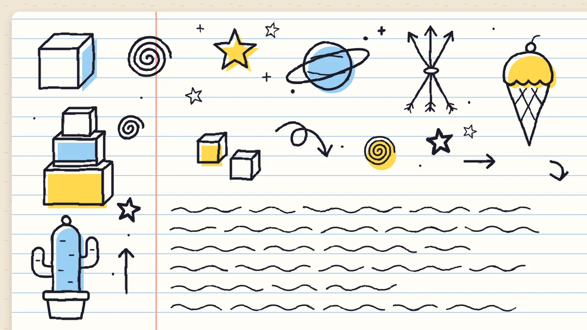 The margin and top corner of a lined notebook page crowded with small doodles: spirals, cubes, arrows, stars, a ringed planet, an ice cream cone, a cactus and stacked boxes