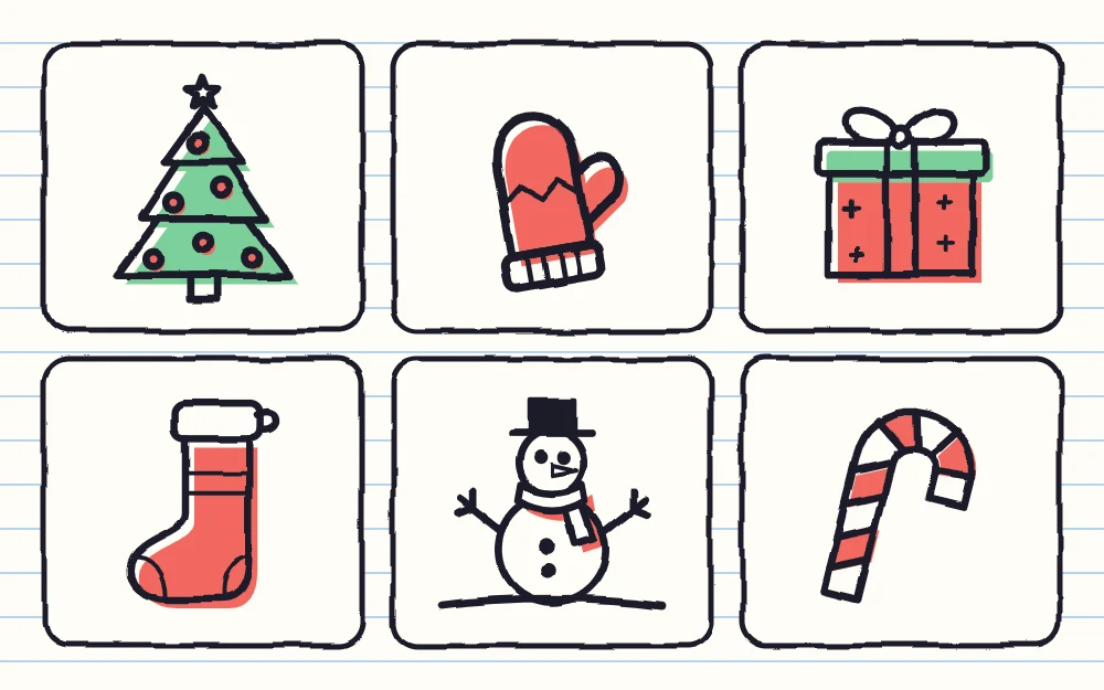 Six winter doodles as tiles: a decorated pine tree, a mitten, a wrapped gift, a stocking, a snowman and a striped candy cane