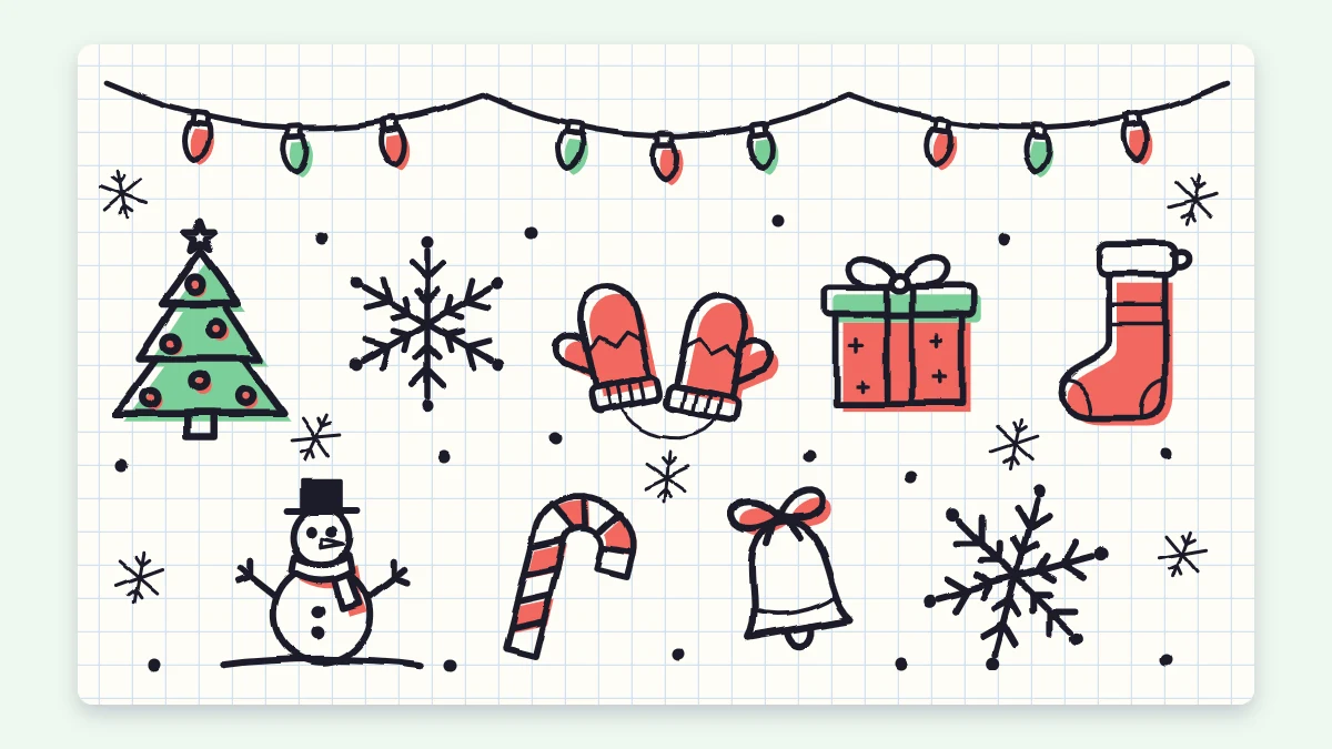 A page of winter holiday doodles with snowflakes, a decorated pine tree, mittens, a gift, a stocking, a snowman, a candy cane, a bell and a string of lights